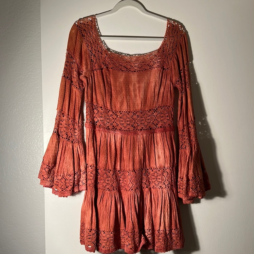 Free people Tie dye crochet accent bell sleeve dress